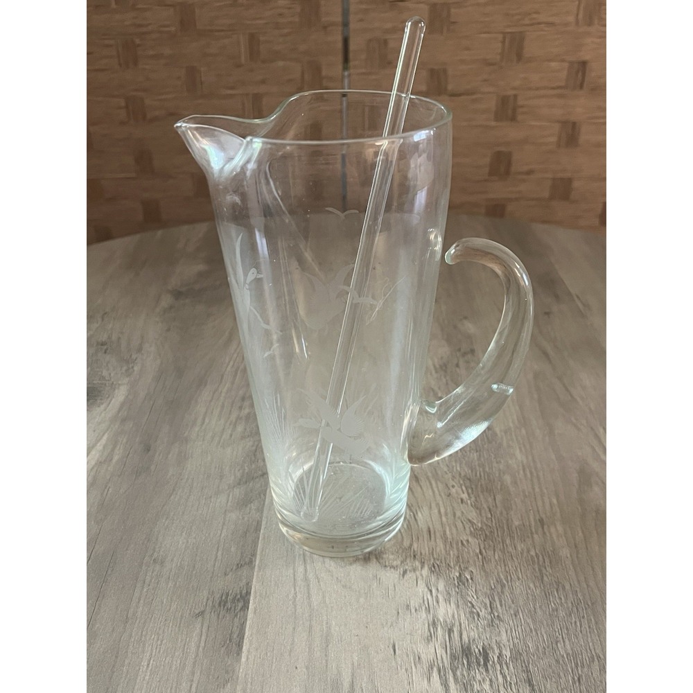 Vintage Glass Cocktail Pitcher & Stirrer Etched Geese Mid-Century MCM VGC!